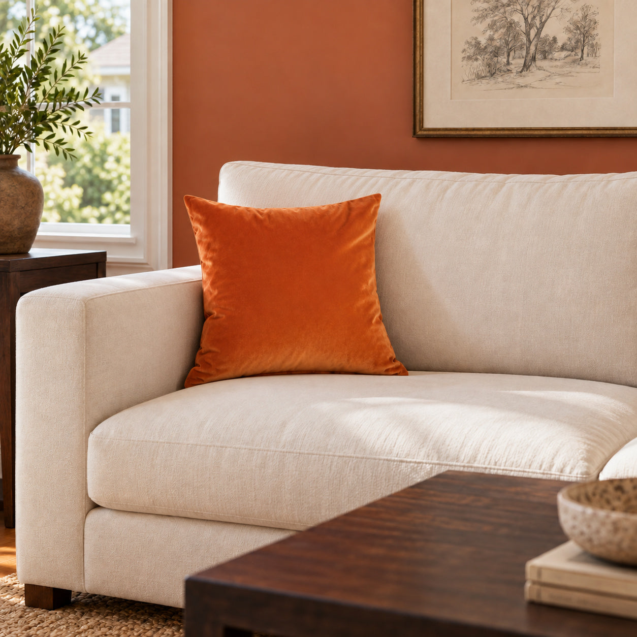 Castello Velvet Pillow - Orange - 17x17 square pillow - lifestyle