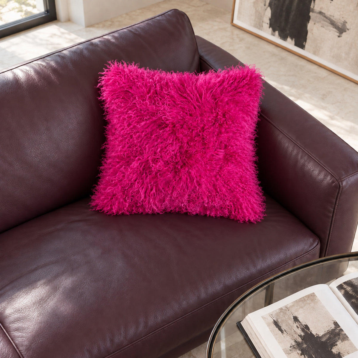 Mongolian Sheepskin Pillow - Fuchsia - 18x18 square pillow - lifestyle | all-groups