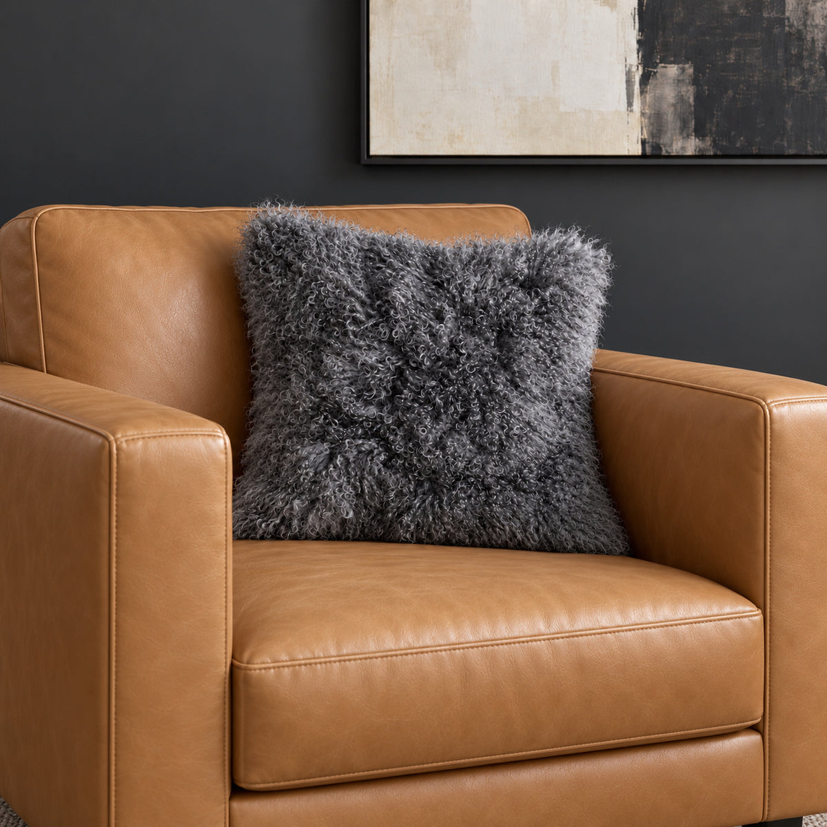 Mongolian Sheepskin Pillow - Gray - 18x18 square pillow - lifestyle | all-groups