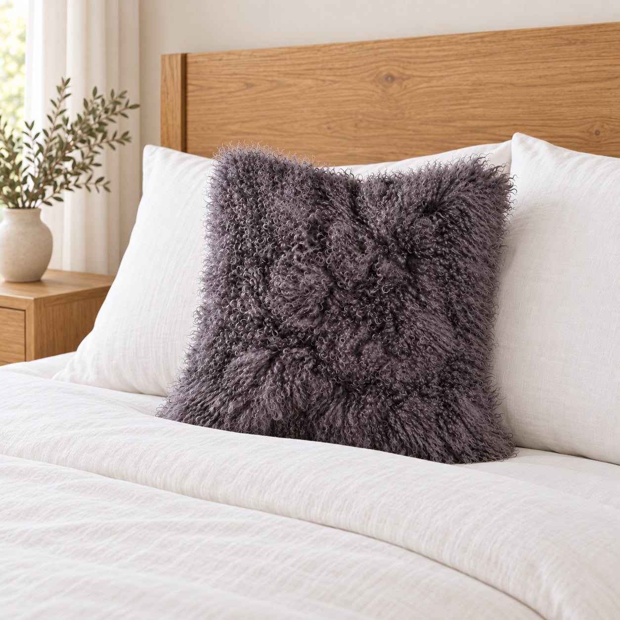 Mongolian Sheepskin Pillow - Pewter - 18x18 square pillow - lifestyle | all-groups