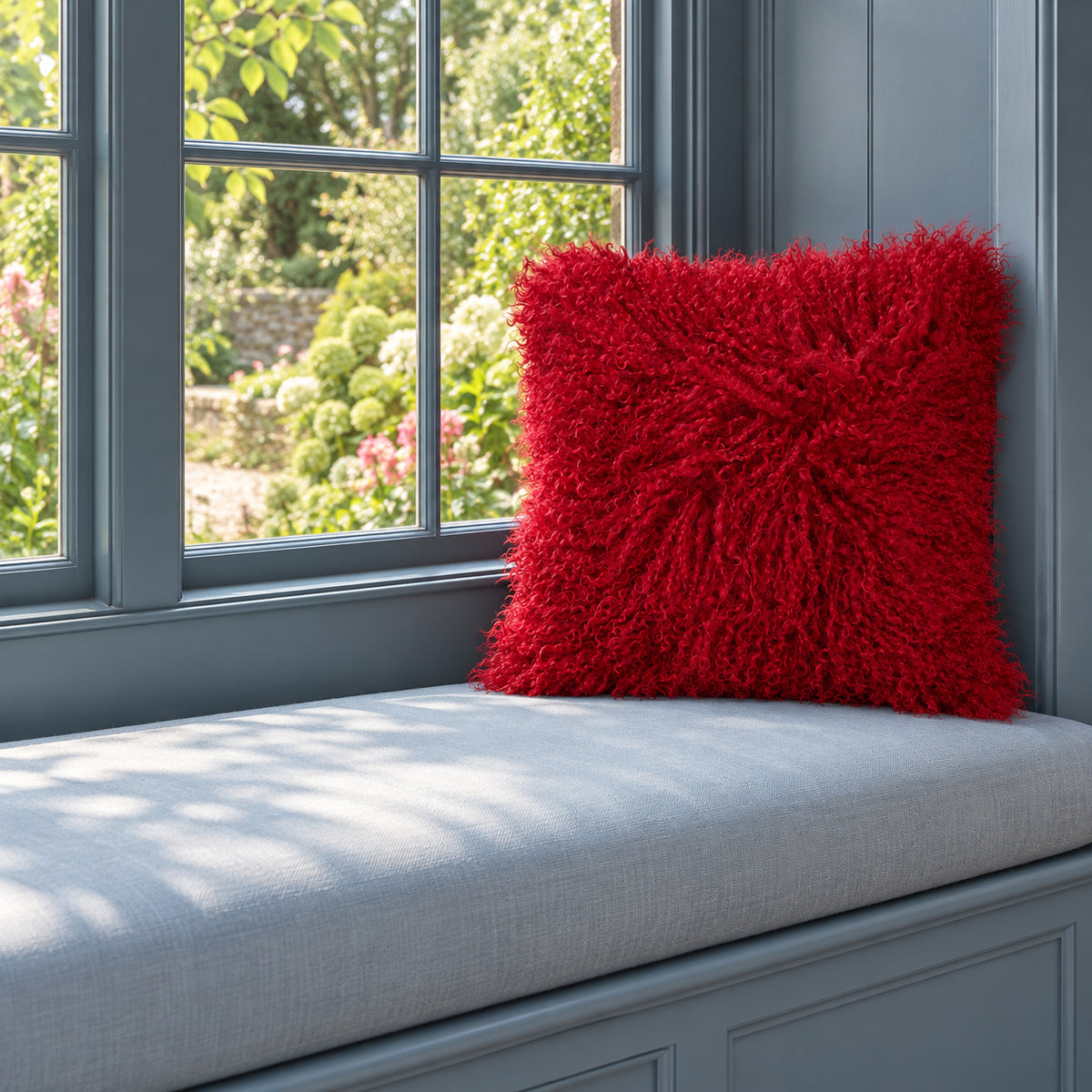 Mongolian Sheepskin Pillow - Red - 18x18 square pillow - lifestyle | all-groups