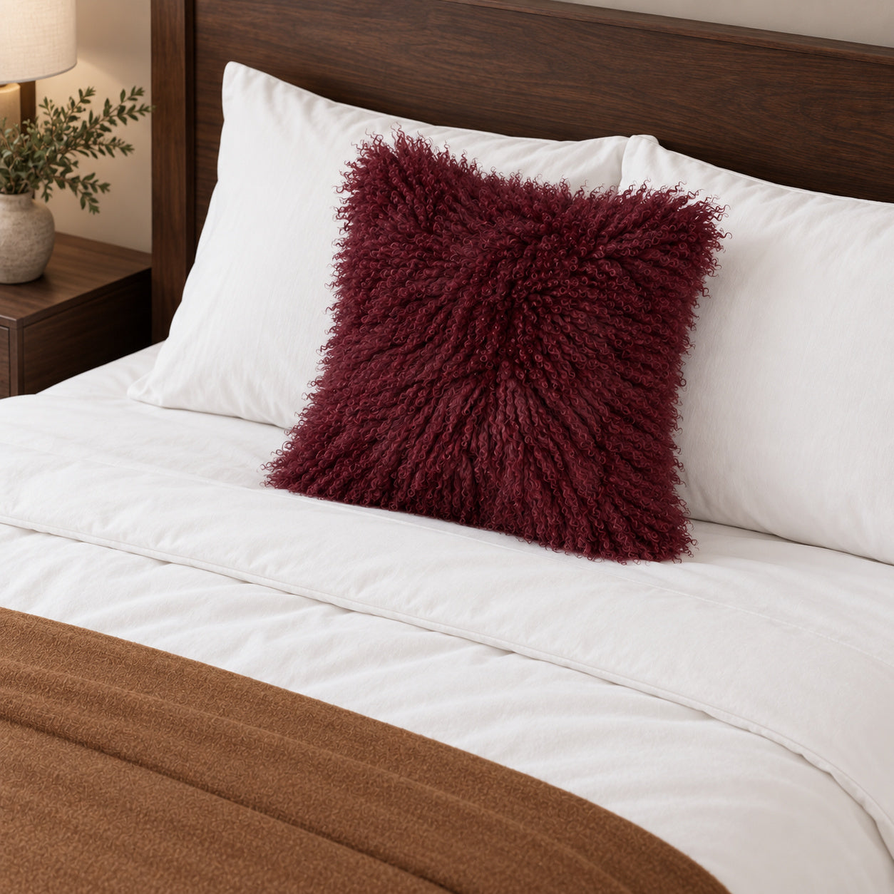 Mongolian Sheepskin Pillow - Wine - 18x18 square pillow - lifestyle | all-groups