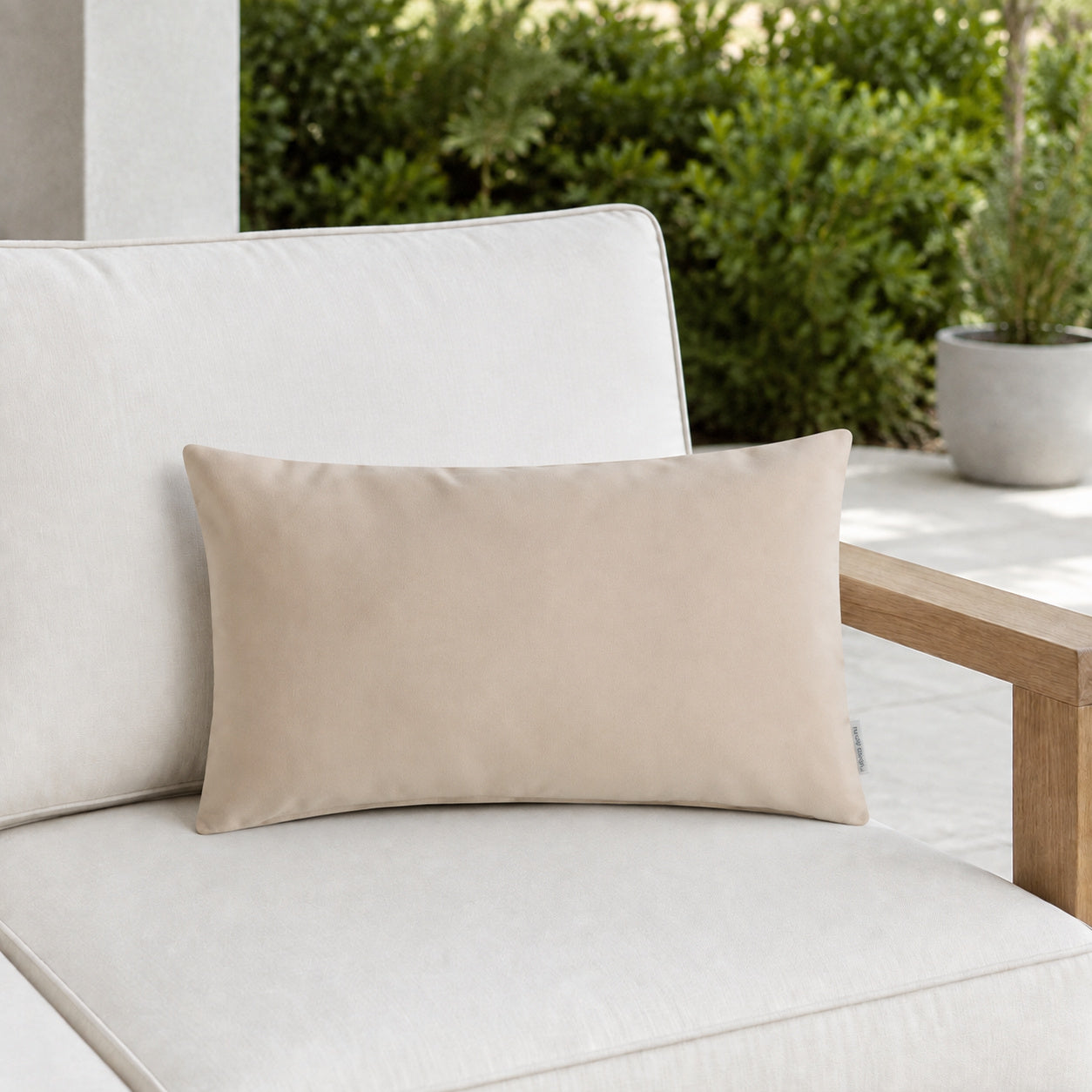 Sunbrella Outdoor Solid Pillow - Antique Beige - 12x20 rectangular pillow - lifestyle