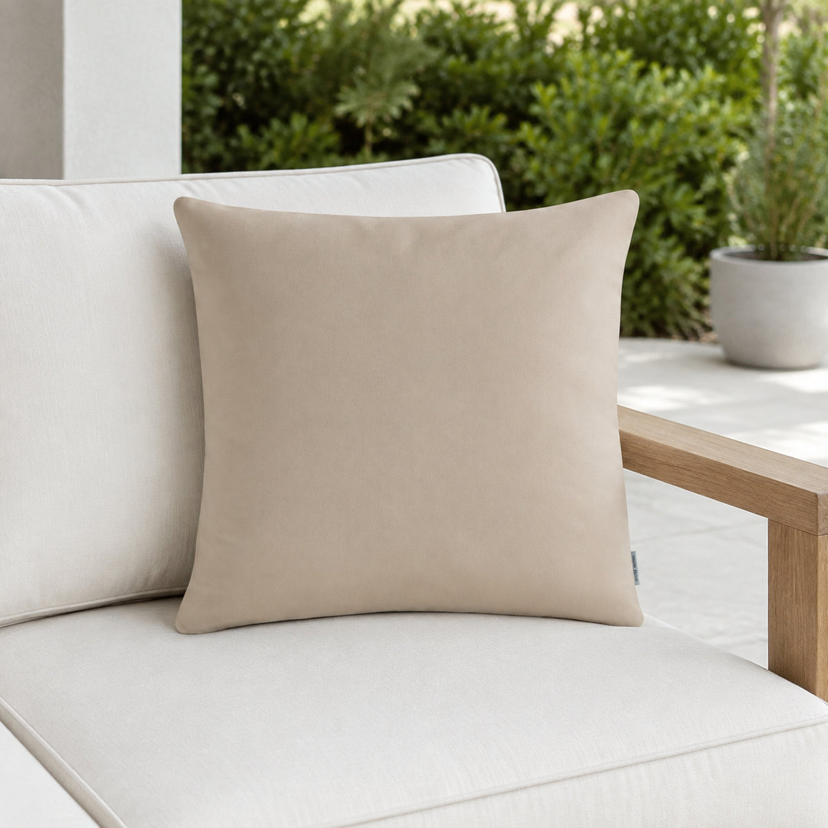 Sunbrella Outdoor Solid Pillow - Antique Beige - 20x20 square pillow - lifestyle