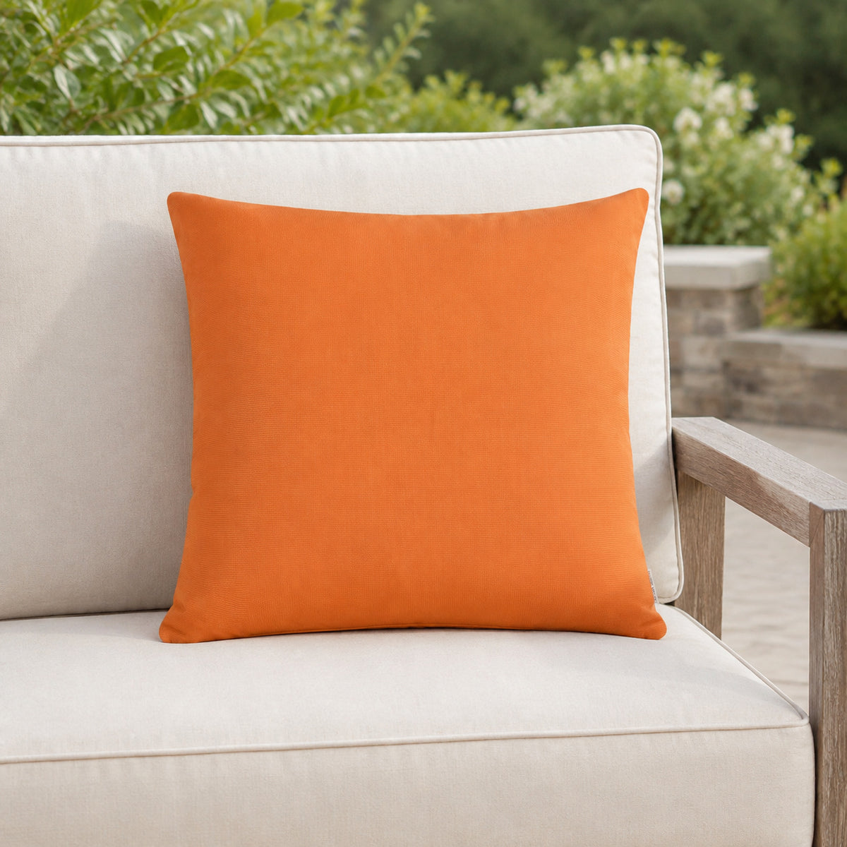 Sunbrella Outdoor Solid Pillow - Citrus Orange - 20x20 square pillow - lifestyle