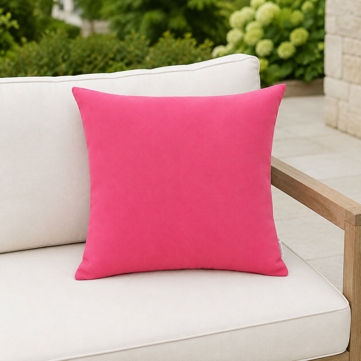 Sunbrella Outdoor Solid Pillow - Hot Pink - 20x20 square pillow - lifestyle