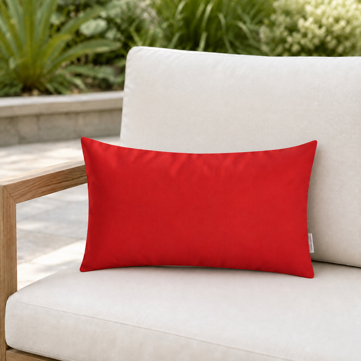 Sunbrella Outdoor Solid Pillow - Poppy Red - 12x20 rectangular pillow - lifestyle