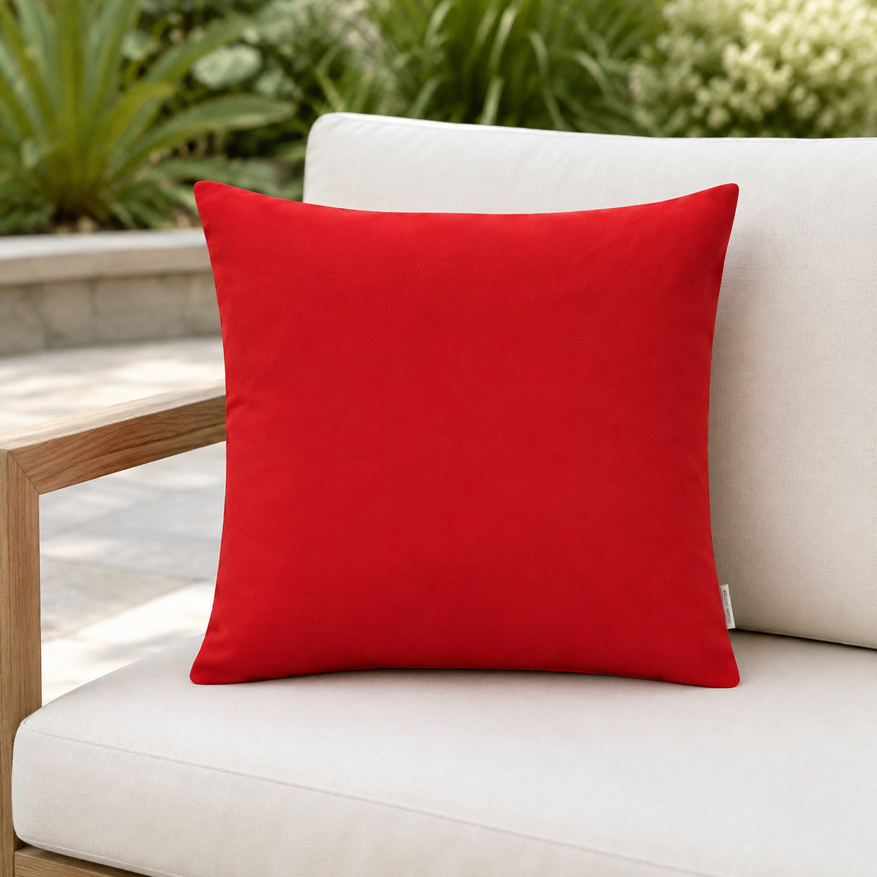 Sunbrella Outdoor Solid Pillow - Poppy Red - 20x20 square pillow - lifestyle