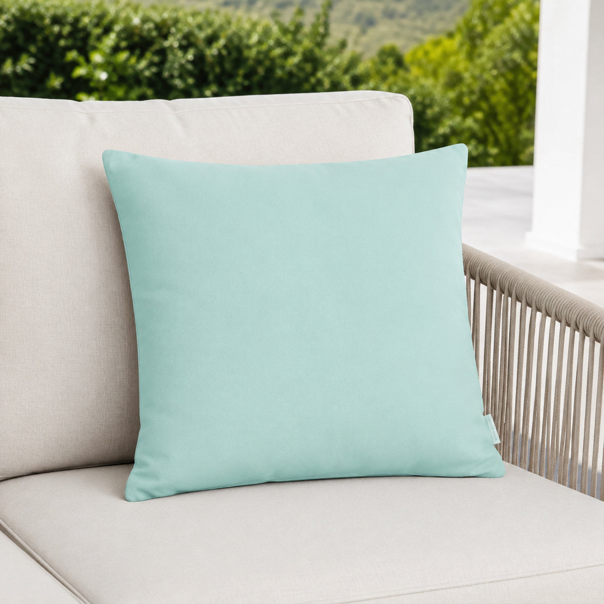 Sunbrella Outdoor Solid Pillow - Seafoam Blue - 20x20 square pillow - lifestyle
