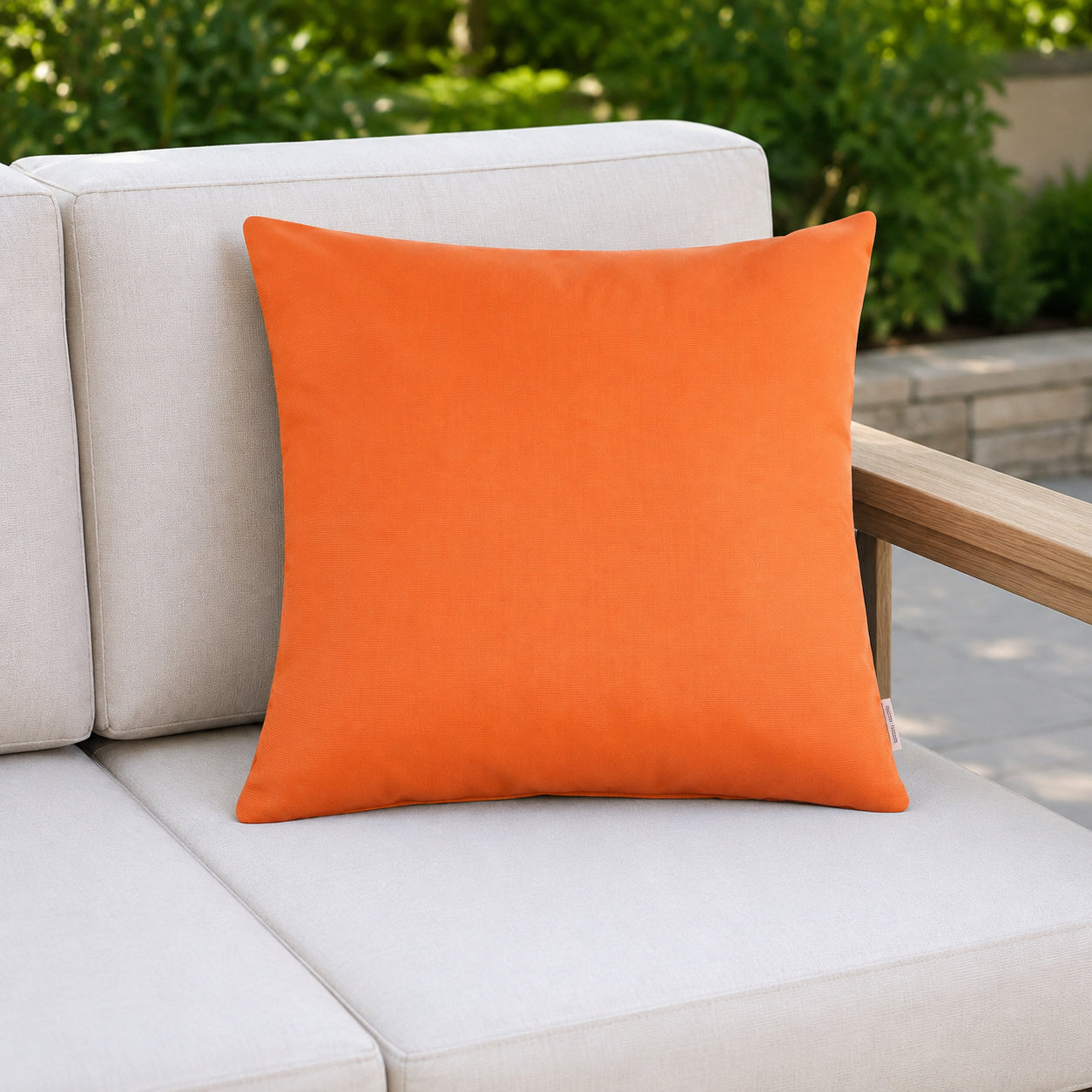 Sunbrella Outdoor Solid Pillow - Tangerine Orange - 20x20 square pillow - lifestyle