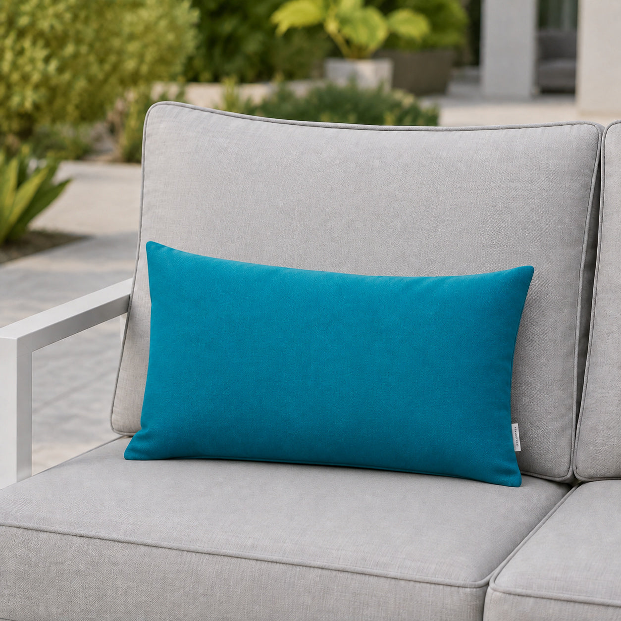 Sunbrella Outdoor Solid Pillow - Teal - 12x20 rectangular pillow - lifestyle