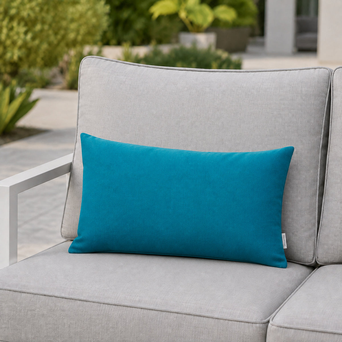 Sunbrella Outdoor Solid Pillow - Teal - 12x20 rectangular pillow - lifestyle