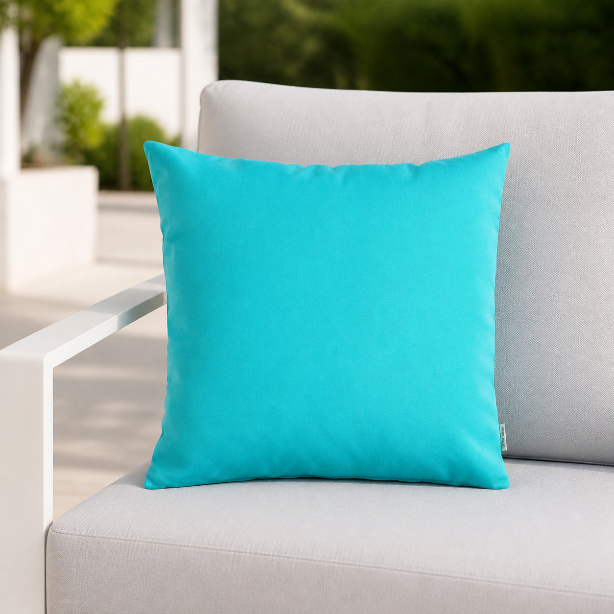 Sunbrella Outdoor Solid Pillow - Aruba Turquoise Blue - 20x20 square pillow - lifestyle