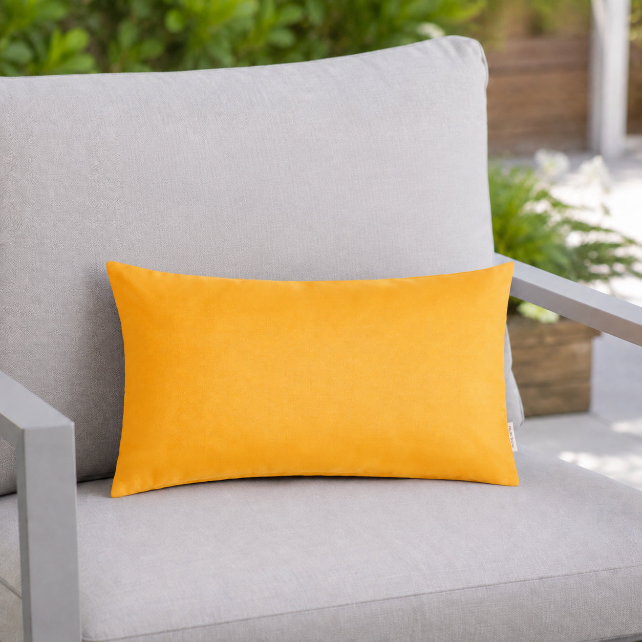 Sunbrella Outdoor Solid Pillow - Sunflower Yellow - 12x20 rectangular pillow - lifestyle