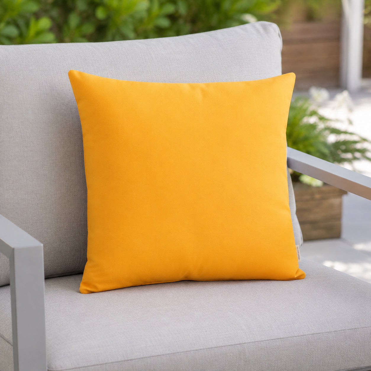 Sunbrella Outdoor Solid Pillow - Sunflower Yellow - 20x20 square pillow - lifestyle
