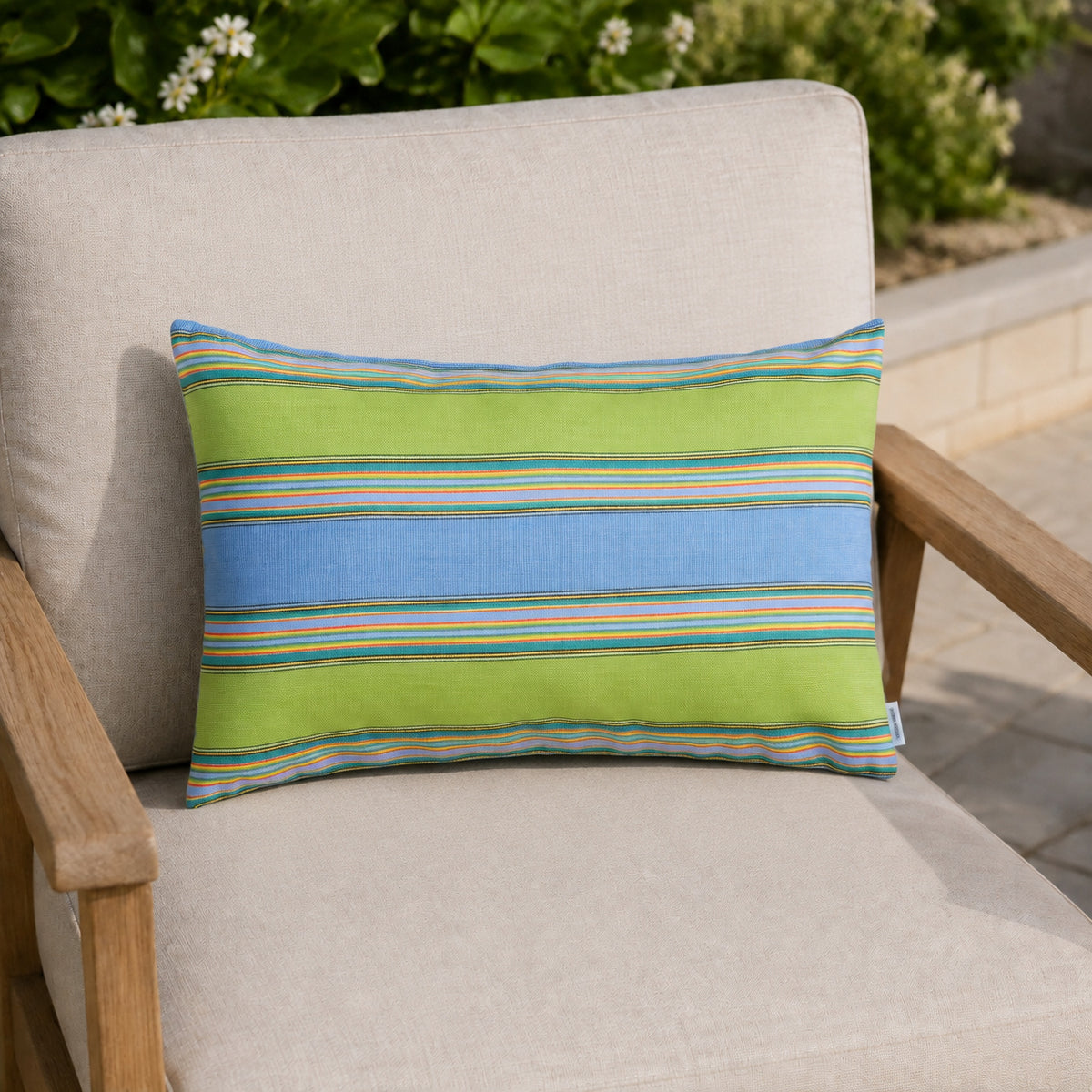 Sunbrella Outdoor Stripe Pillow - Bravada Meadow - 12x20 rectangular pillow - lifestyle