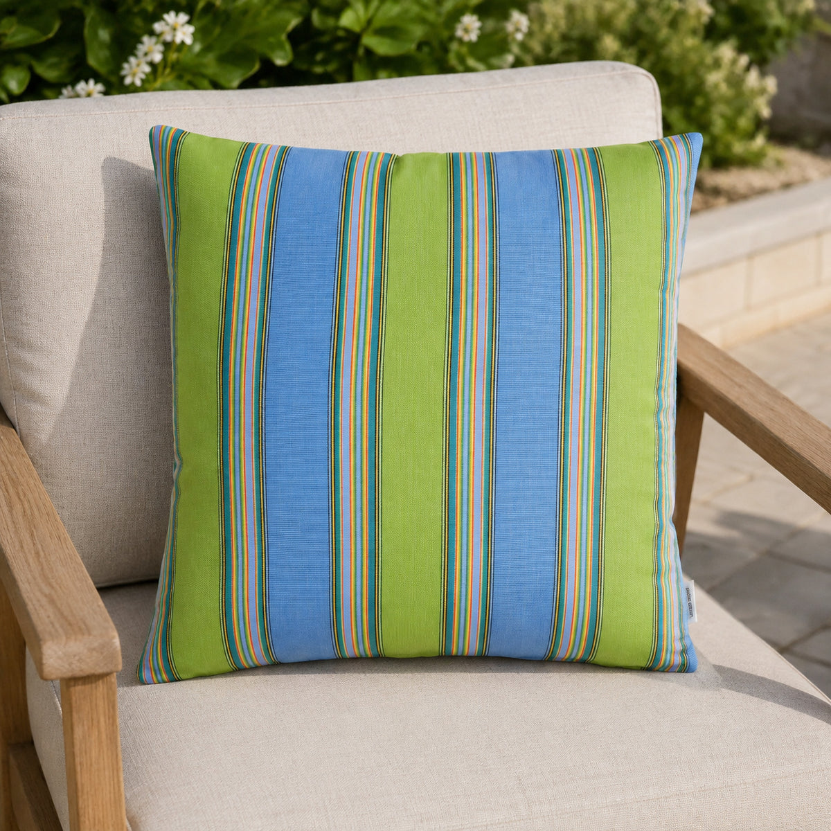 Sunbrella Outdoor Stripe Pillow - Bravada Meadow - 20x20 square pillow - lifestyle