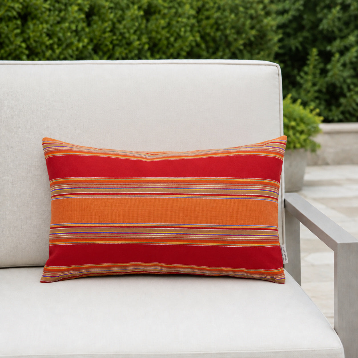 Sunbrella Outdoor Stripe Pillow - Bravada Salsa - 12x20 rectangular pillow - lifestyle