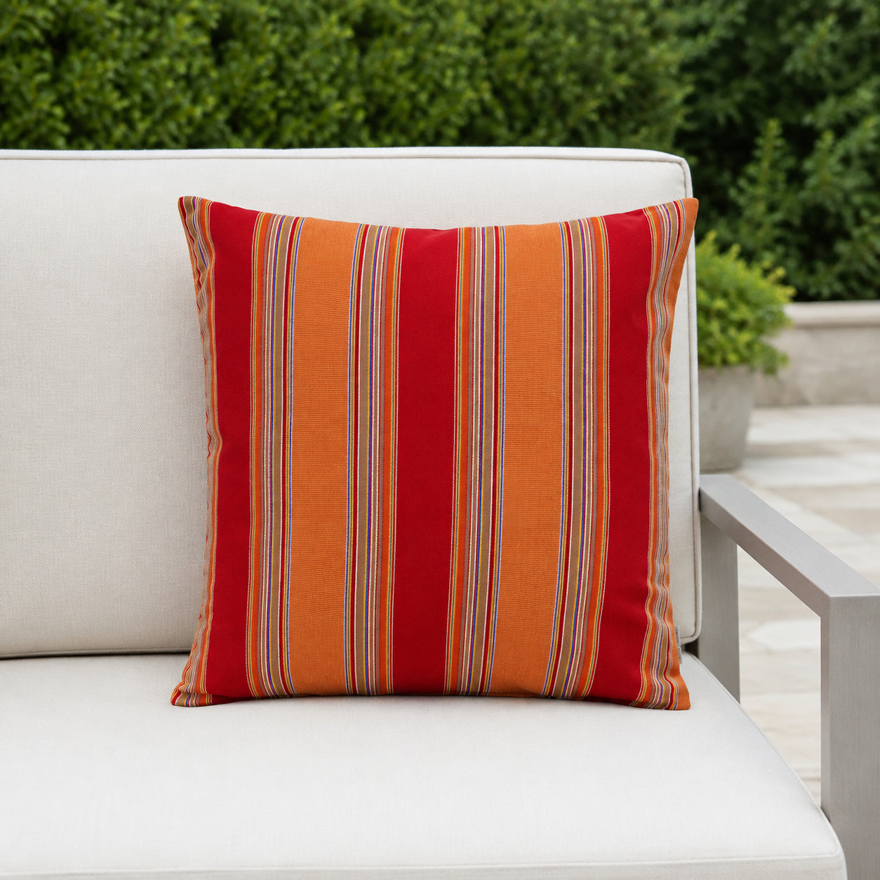 Sunbrella Outdoor Stripe Pillow - Bravada Salsa - 20x20 square pillow - lifestyle