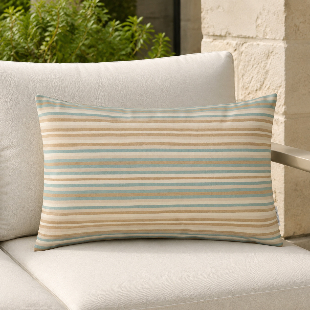 Sunbrella Outdoor Stripe Pillow - Bungalow Beige - 12x20 rectangular pillow - lifestyle