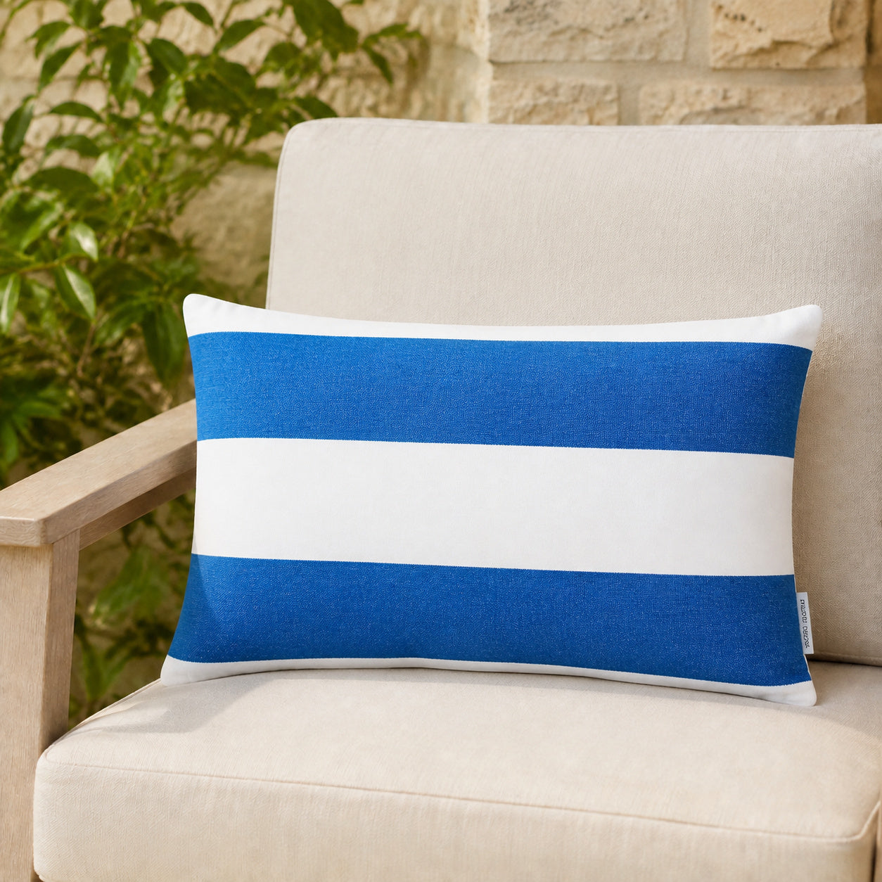 Sunbrella Outdoor Stripe Pillow - Cabana Blue - 12x20 rectangular pillow - lifestyle
