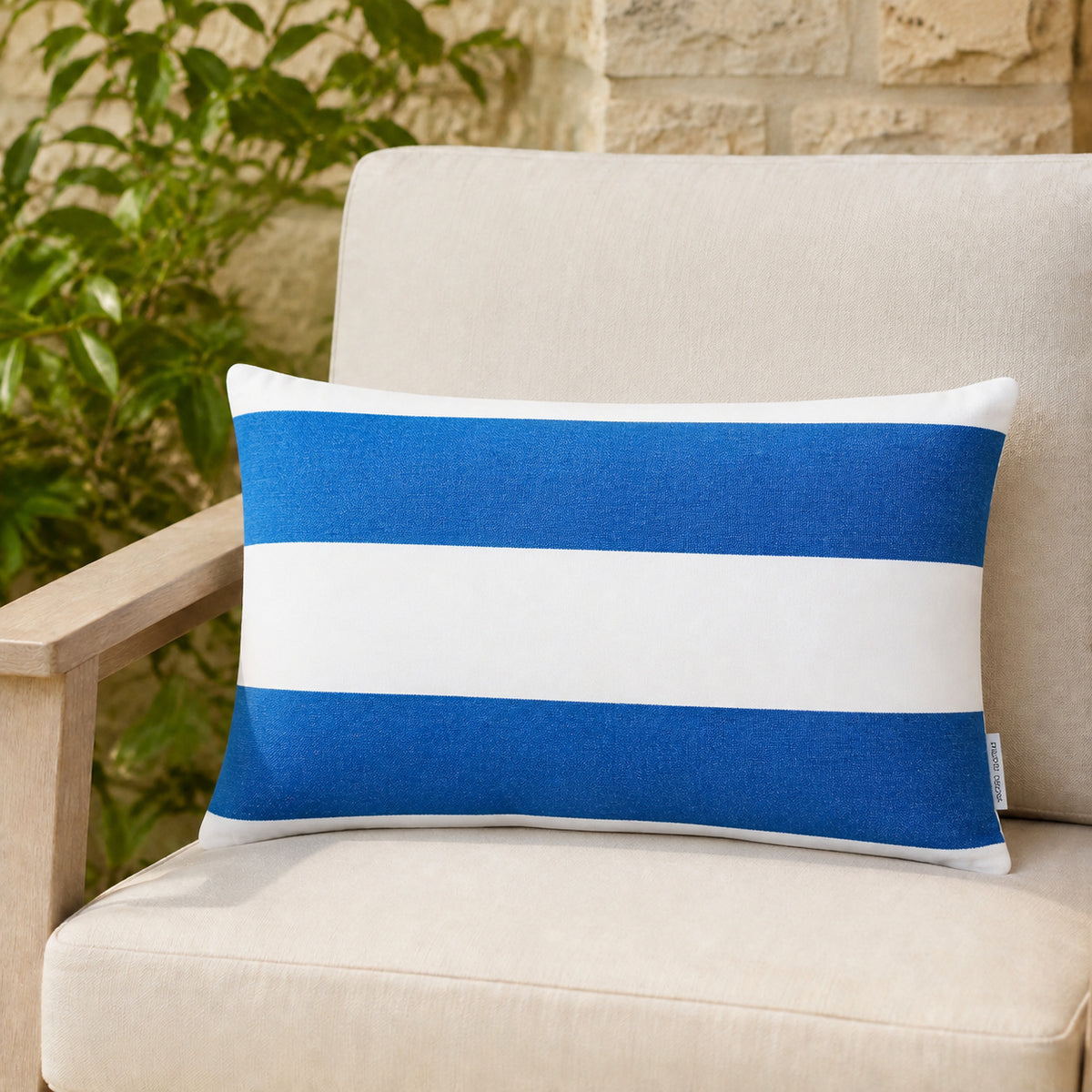 Sunbrella Outdoor Stripe Pillow - Cabana Blue - 12x20 rectangular pillow - lifestyle