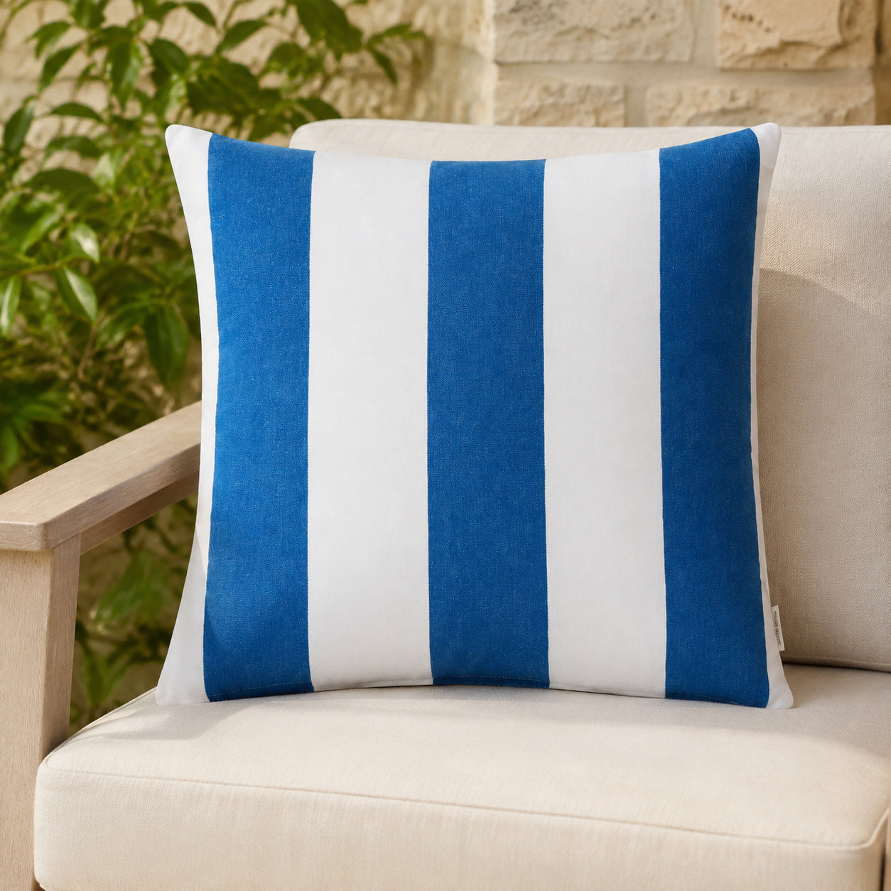 Sunbrella Outdoor Stripe Pillow - Cabana Blue - 20x20 square pillow - lifestyle