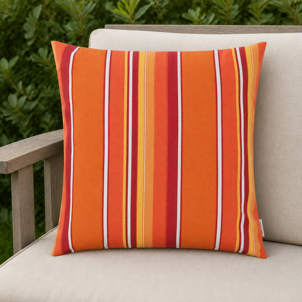Sunbrella Outdoor Stripe Pillow - Dolce Mango - 20x20 square pillow - lifestyle