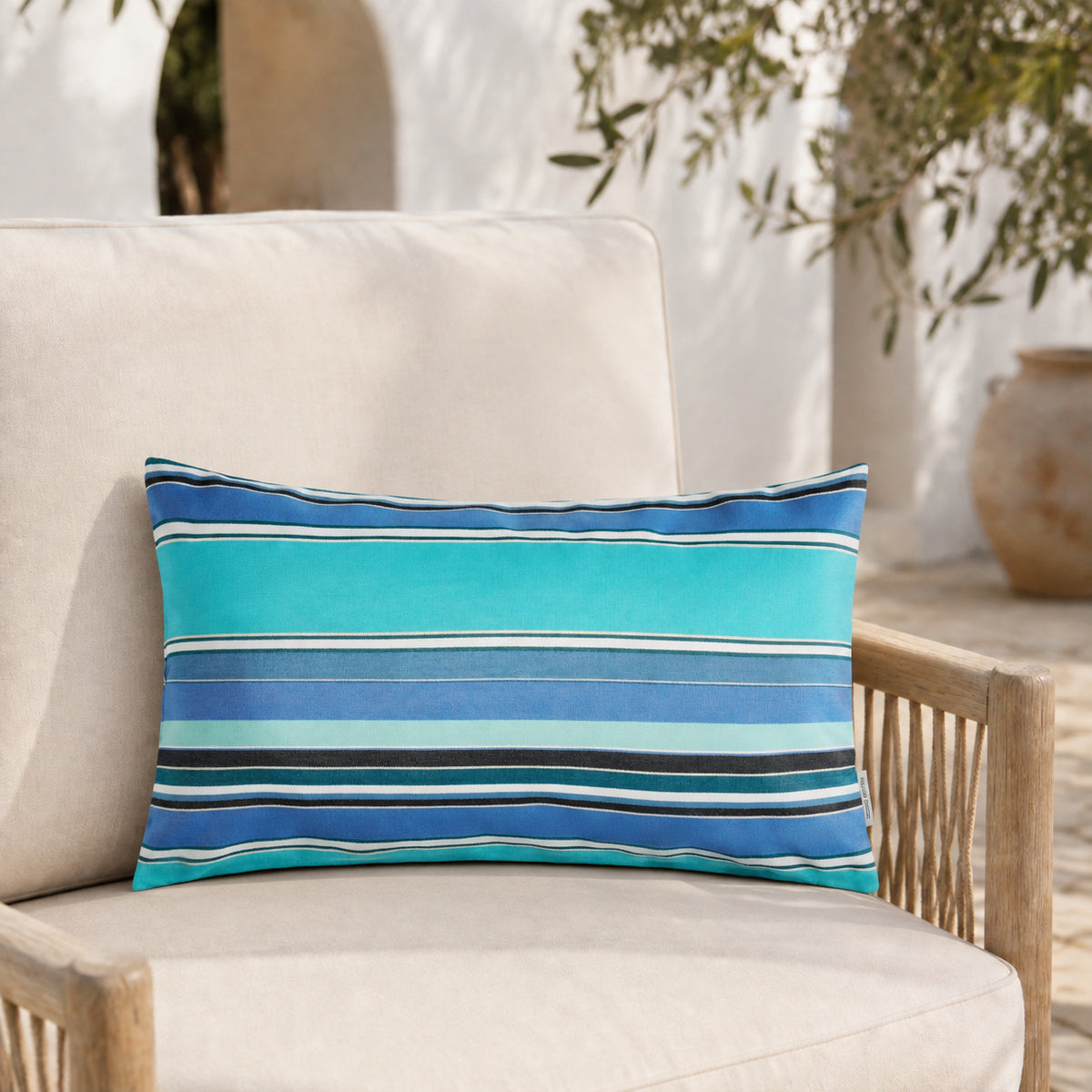 Sunbrella Outdoor Stripe Pillow - Dolce Oasis - 12x20 rectangular pillow - lifestyle