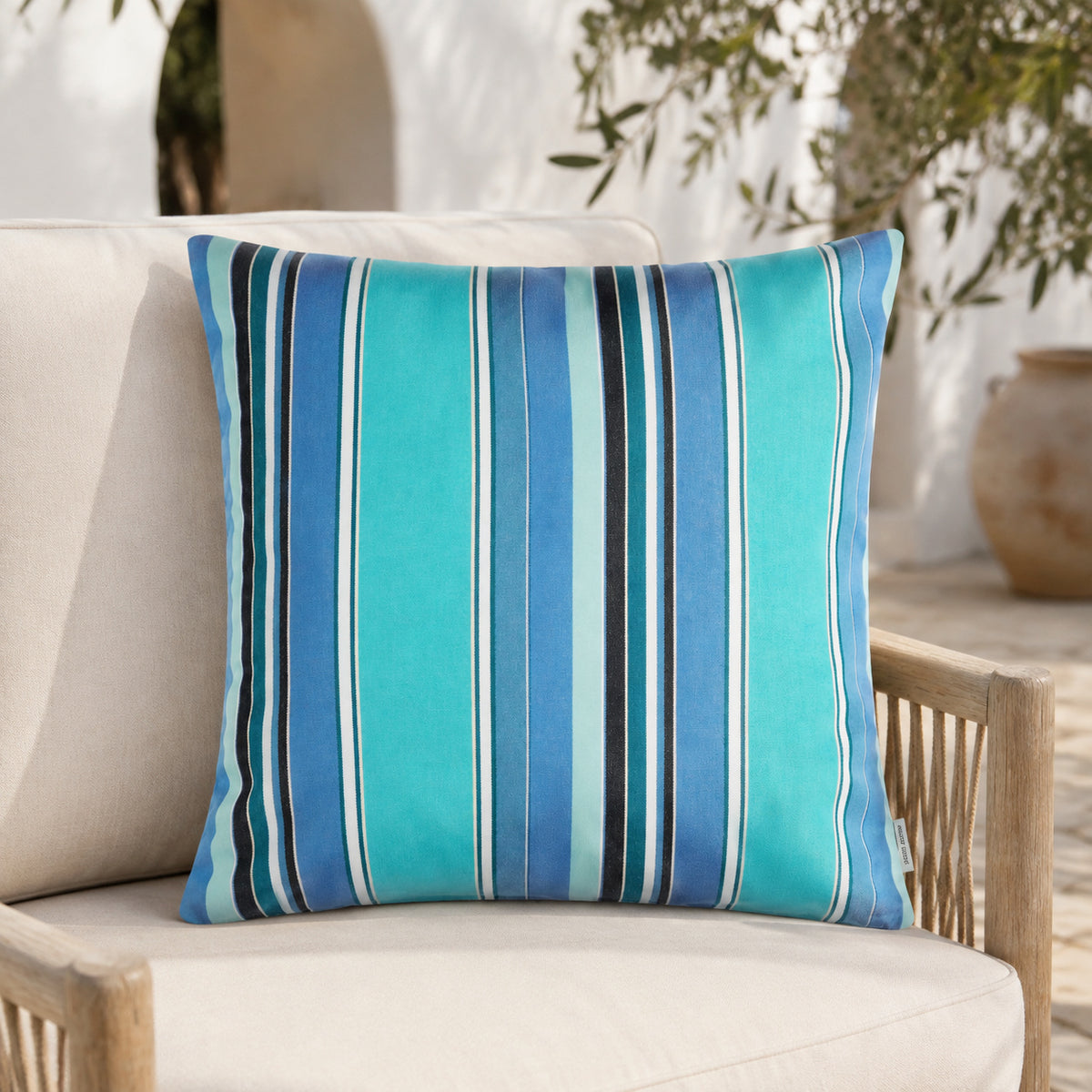 Sunbrella Outdoor Stripe Pillow - Dolce Oasis - 20x20 square pillow - lifestyle