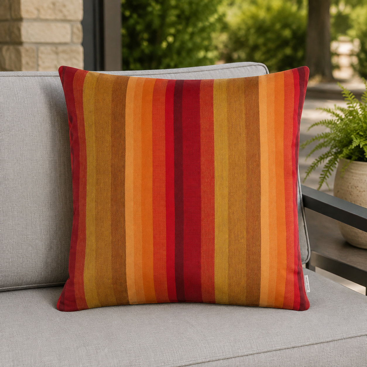 Sunbrella Outdoor Stripe Pillow - Homested Sunset - 20x20 square pillow - lifestyle