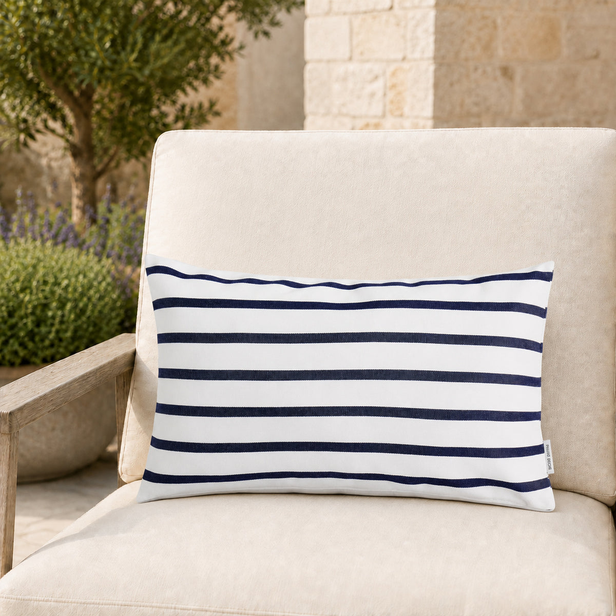 Sunbrella Outdoor Stripe Pillow - Lido Navy - 12x20 rectangular pillow - lifestyle