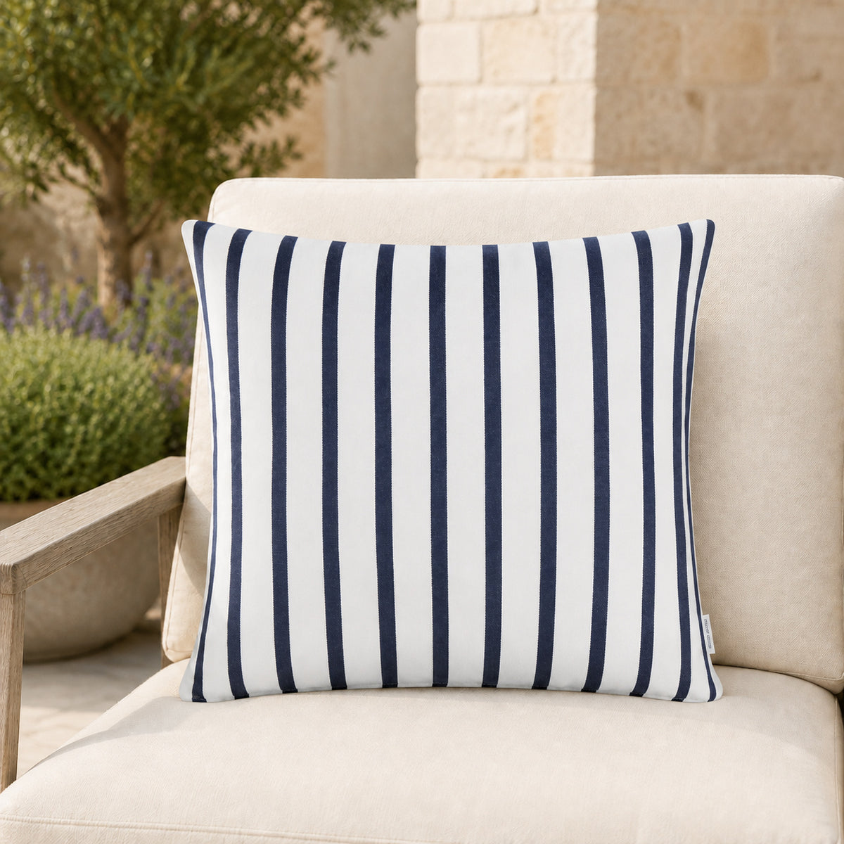 Sunbrella Outdoor Stripe Pillow - Lido Navy - 20x20 square pillow - lifestyle