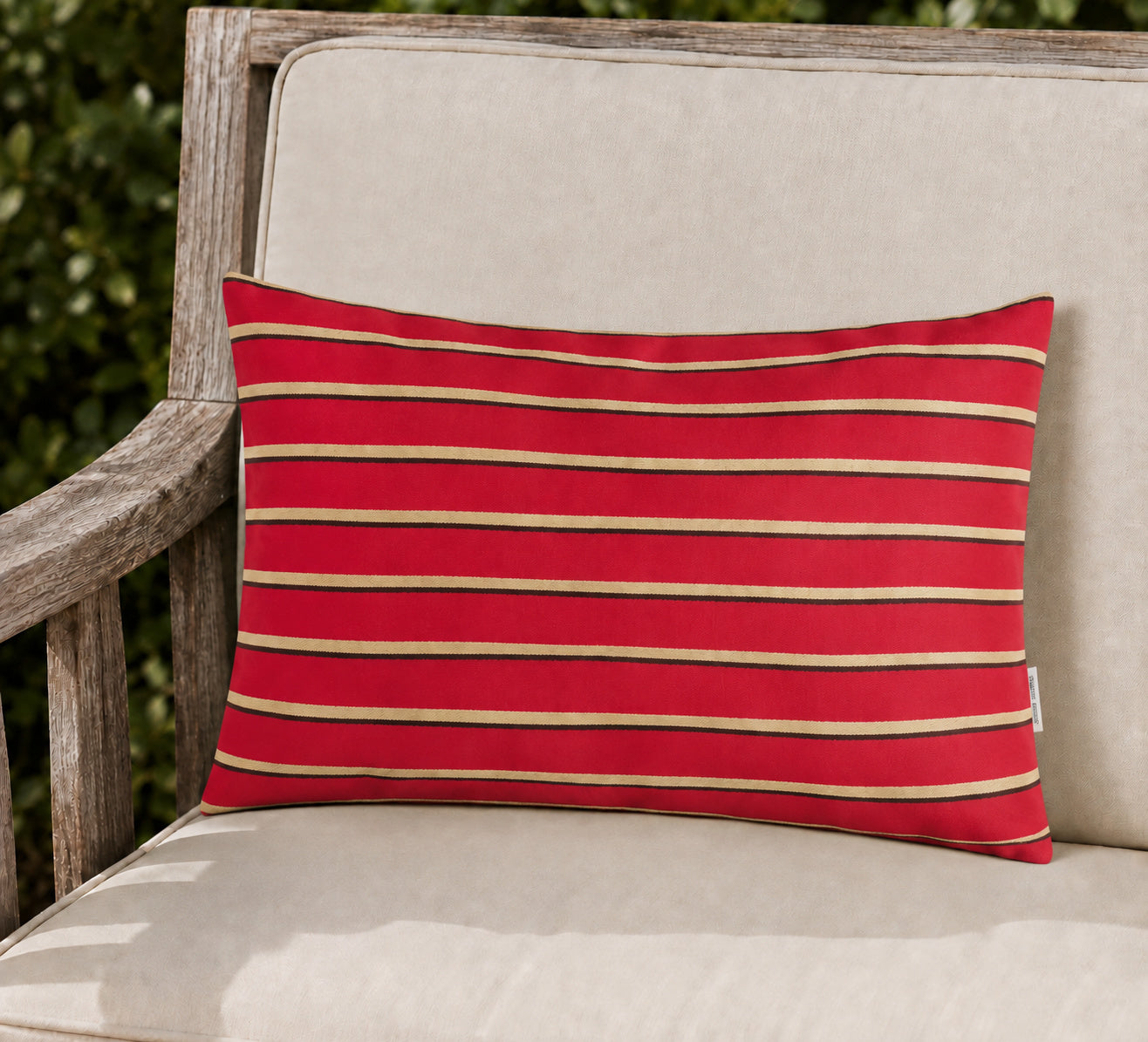 Sunbrella Outdoor Stripe Pillow - Mesa Flame - 12x20 rectangular pillow - lifestyle