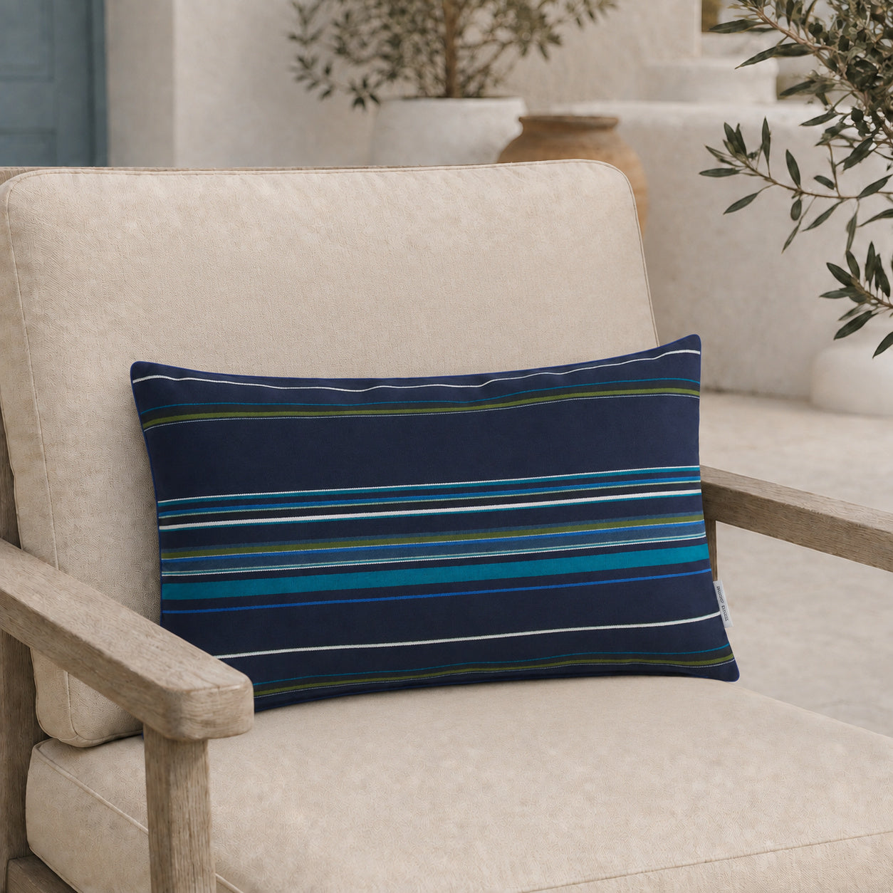 Sunbrella Outdoor Stripe Pillow - Riverbend Blues - 12x20 rectangular pillow - lifestyle