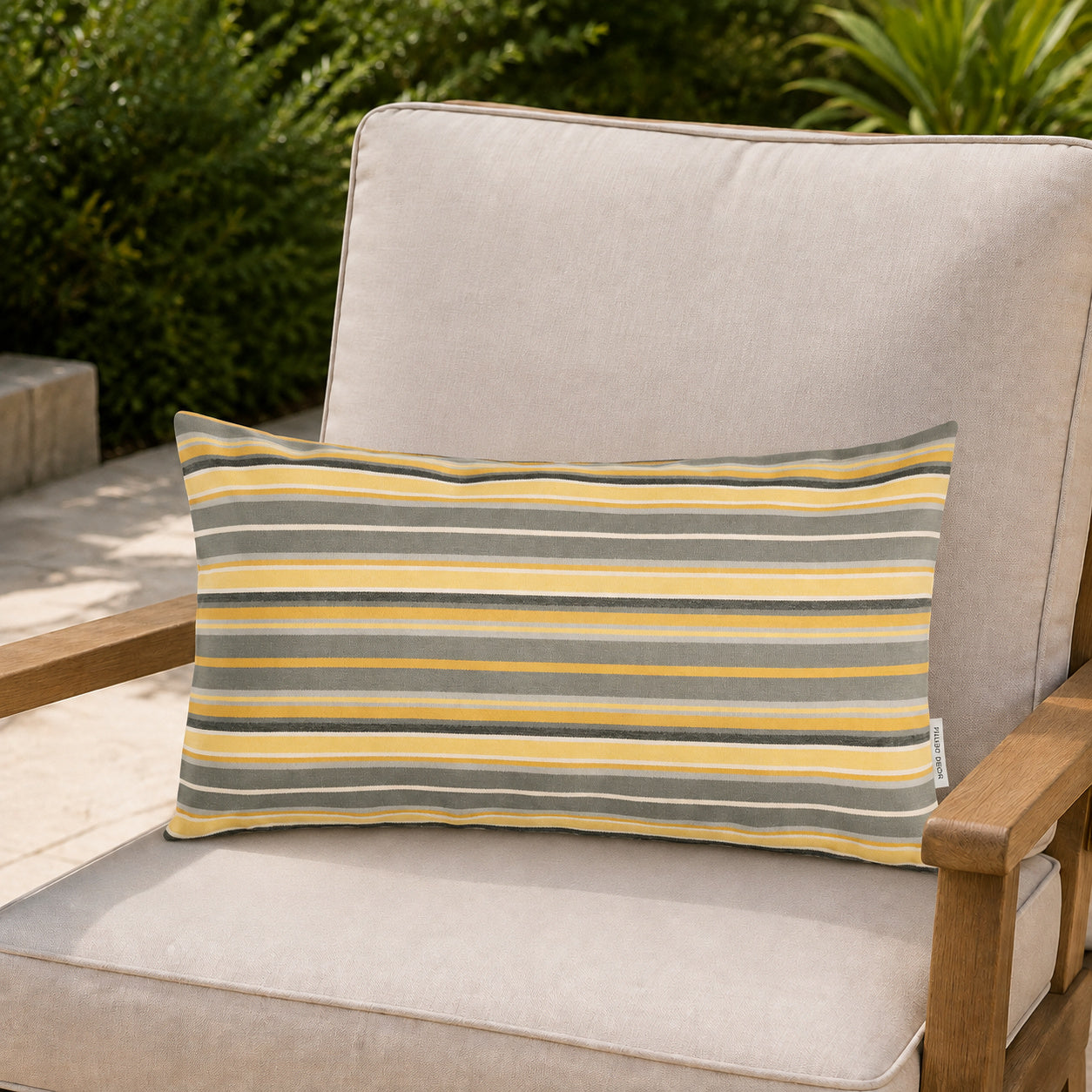 Sunbrella Outdoor Stripe Pillow - Savannah Stone - 12x20 rectangular pillow - lifestyle