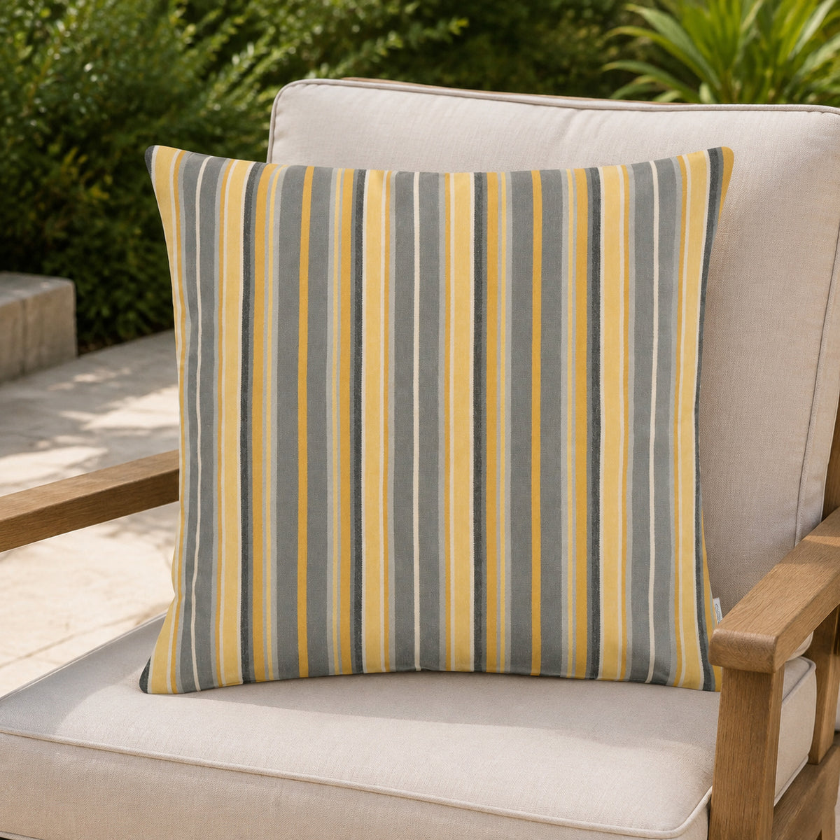 Sunbrella Outdoor Stripe Pillow - Savannah Stone - 20x20 square pillow - lifestyle