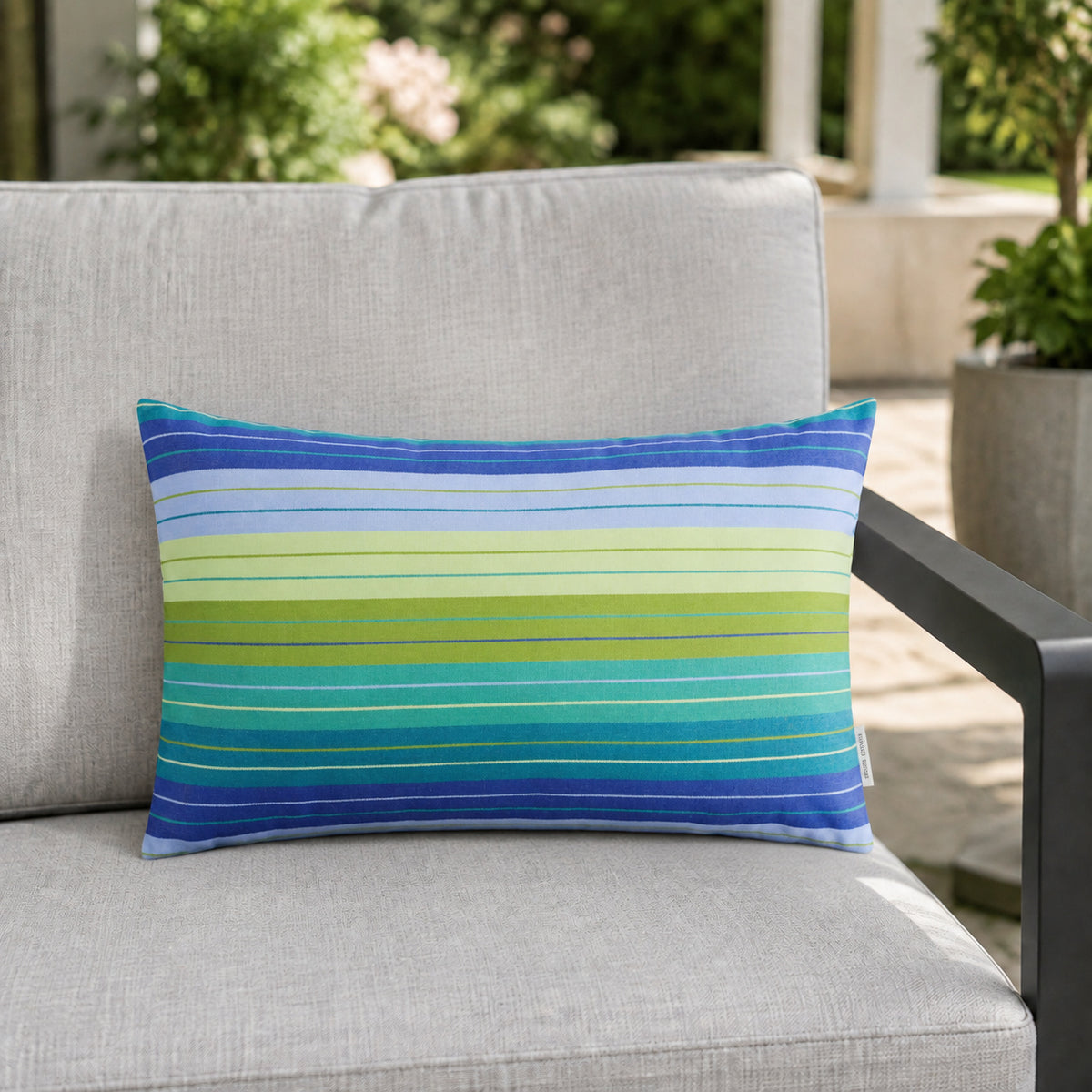 Sunbrella Outdoor Stripe Pillow - Seville Seaside - 12x20 rectangular pillow - lifestyle