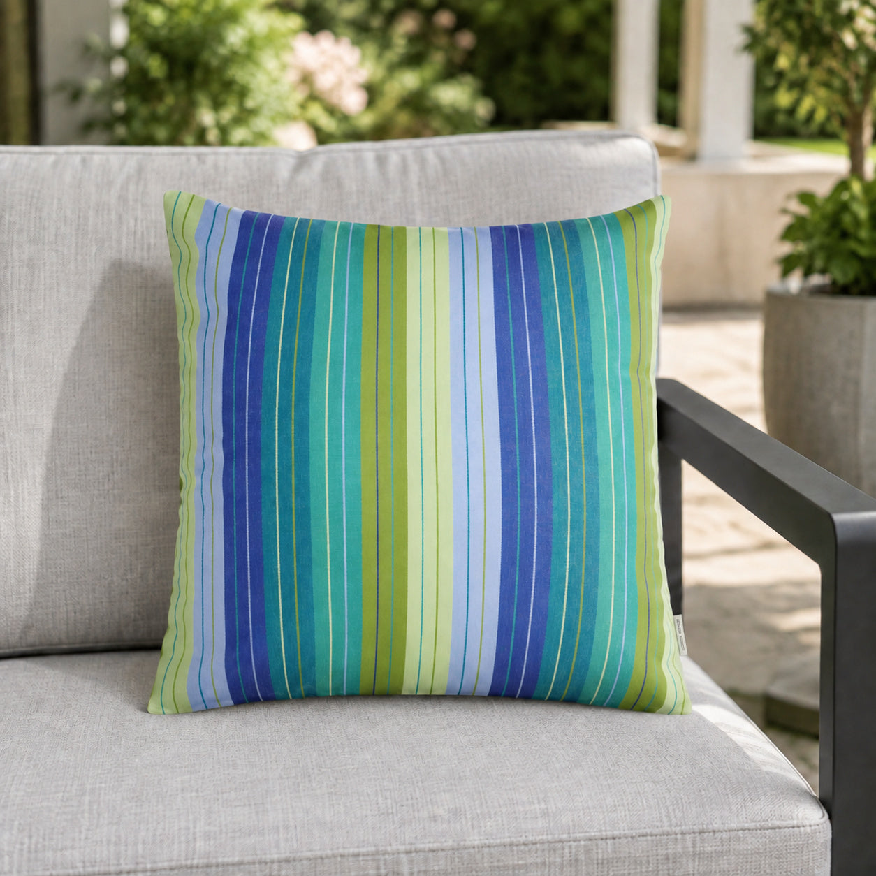 Sunbrella Outdoor Stripe Pillow - Seville Seaside - 20x20 square pillow - lifestyle
