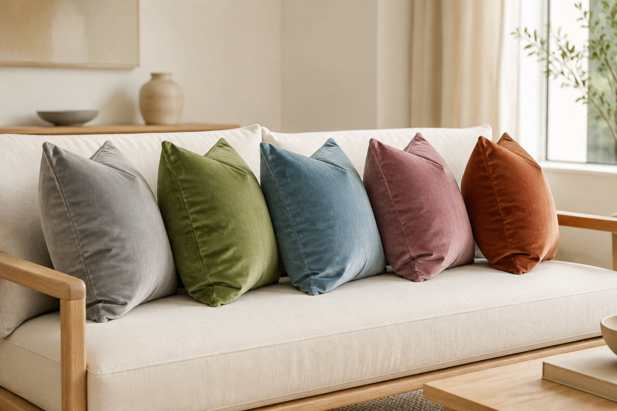 Five upright Castello velvet pillows on an ivory sofa