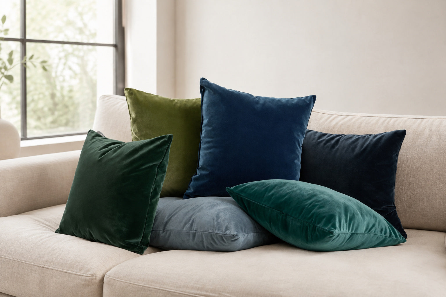 Blue and green Castello velvet pillows on a cream indoor sofa