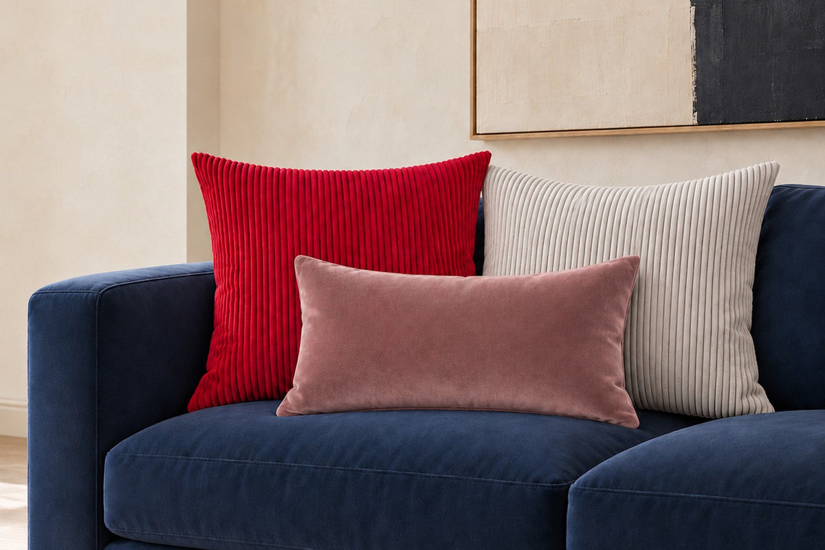Red and ash gray corduroy pillows with a blush velvet lumbar on a navy sofa
